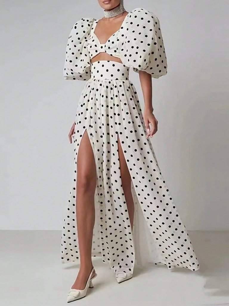 Women's Polka Dot Puff Sleeve Cut-Out Top & High-Slit Maxi Skirt Two-Piece Set